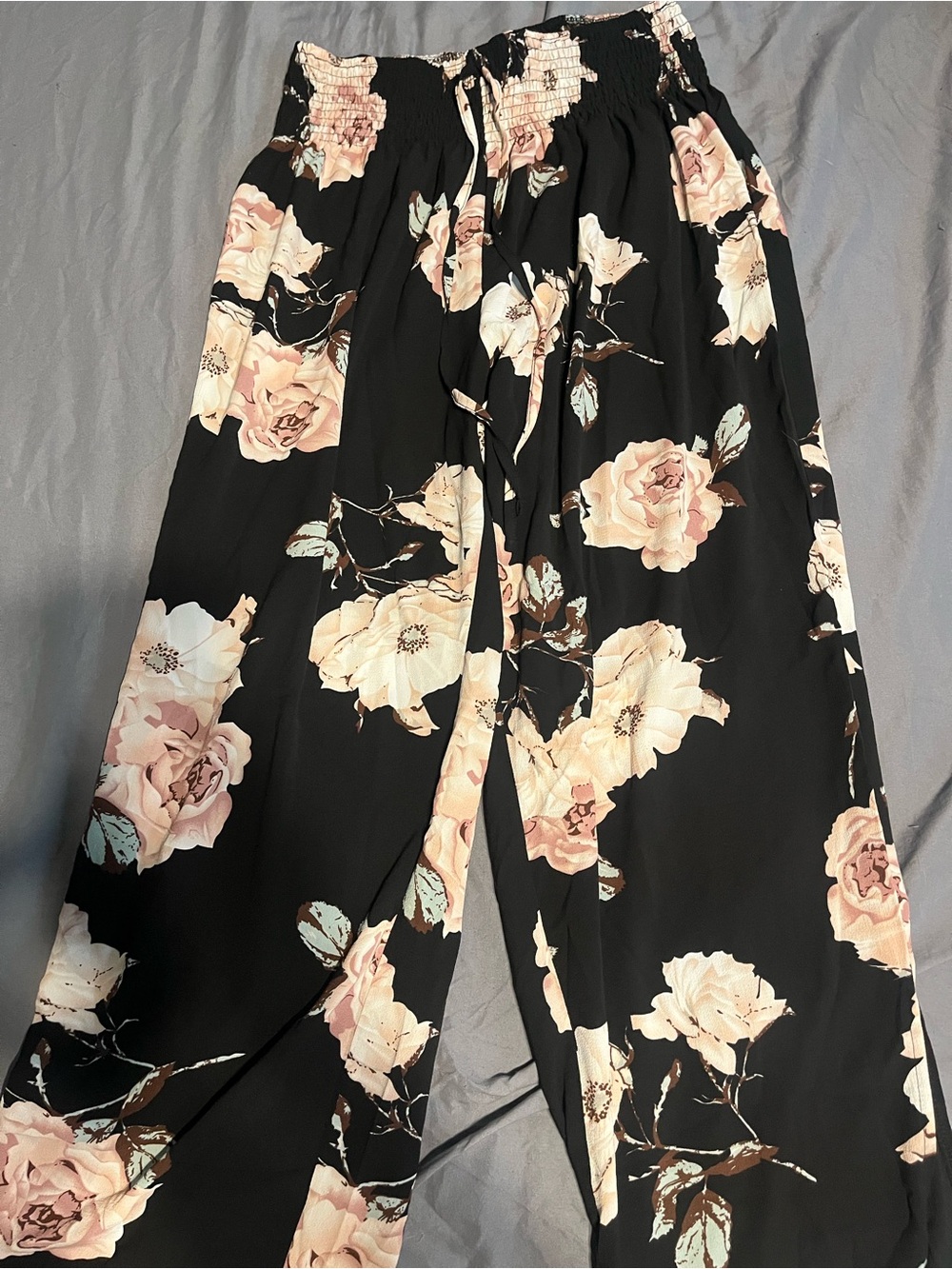 SHEIN Black Wide-Leg Floral Pants with Blush Roses